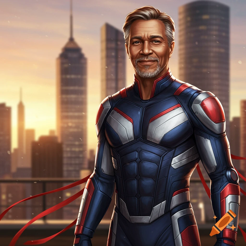 A man with gray hair and a beard, wearing a blue, red, and silver superhero suit, stands smiling against a cityscape at sunset.