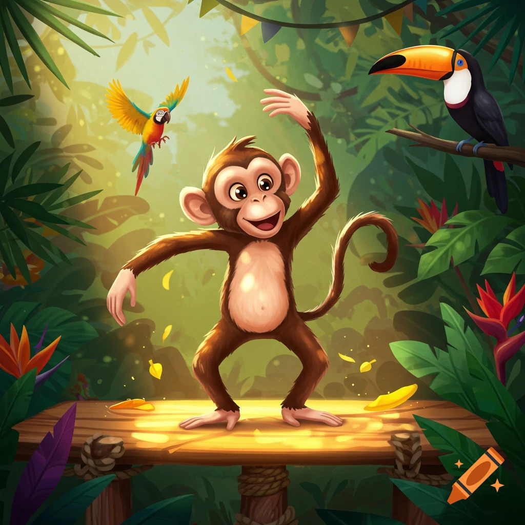 A cartoon monkey dancing on a wooden platform in a vibrant jungle with a flying parrot and a toucan on a branch.