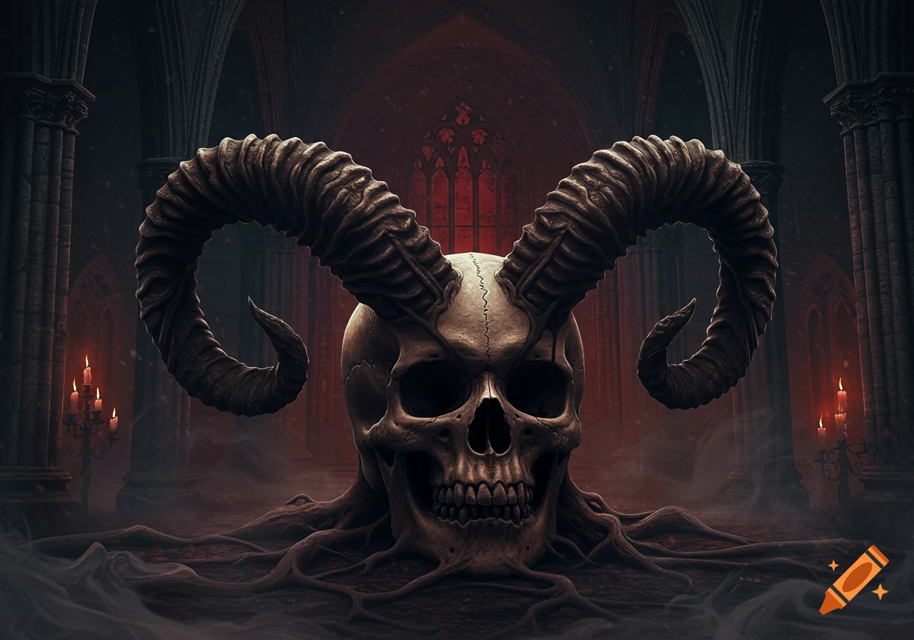 A surreal, dark gothic image of a horned skull emerging from roots in a candlelit church.