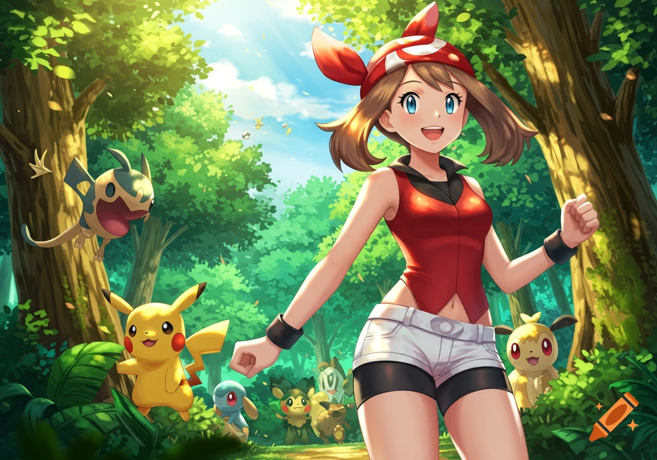 Anime girl May from Pokemon in a red top and white shorts, smiling with Pikachu and other Pokemon in a sunny forest.