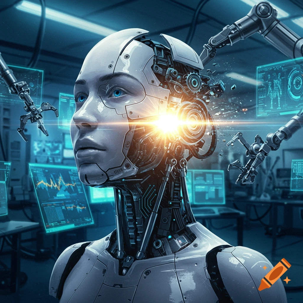 A close-up of a human face transitioning into a robot head, with intricate mechanical parts visible and a bright light emanating from the side, set in a futuristic lab with glowing screens and robotic arms. Photorealistic style.