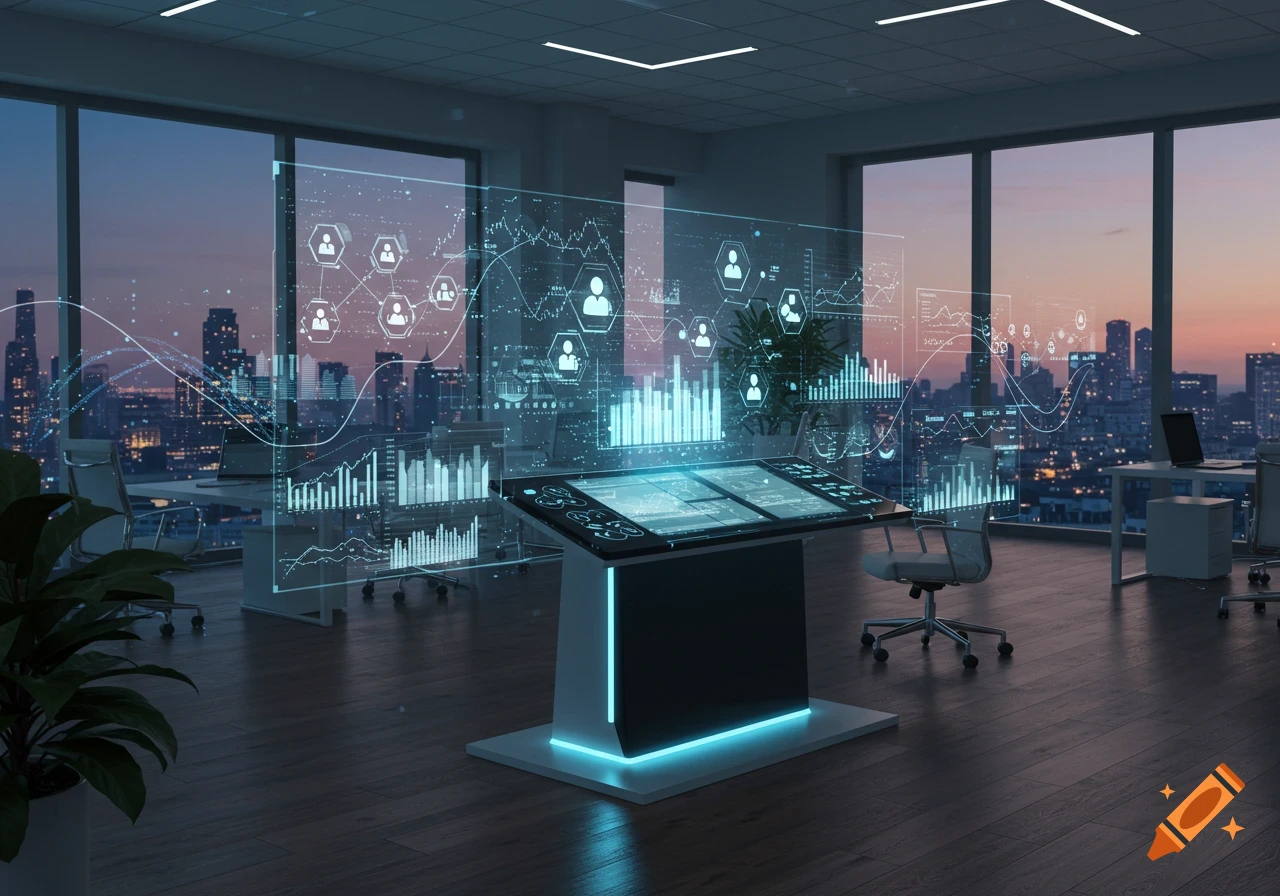 Modern office with futuristic holographic data displays and city skyline at dusk.