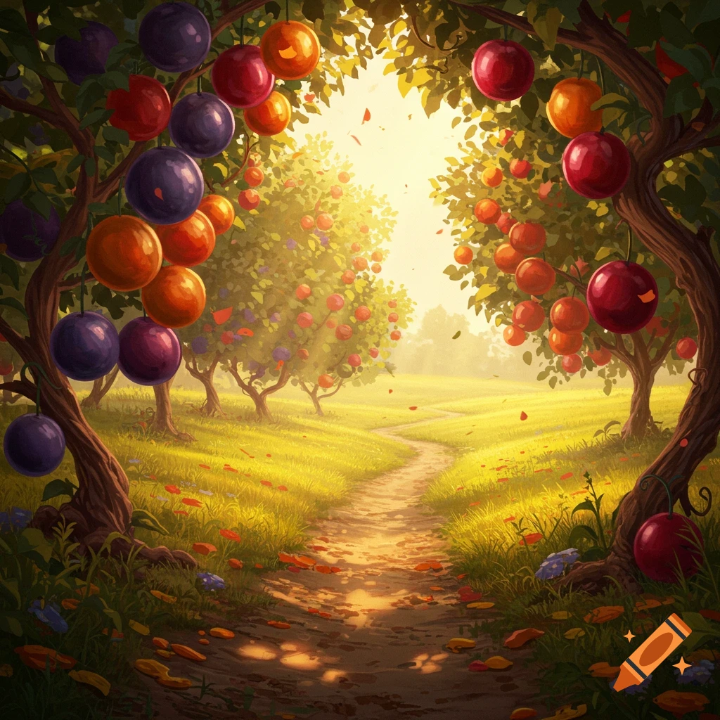A sunlit fantasy landscape featuring a winding path through a field, flanked by trees laden with large, colorful, spherical fruits.