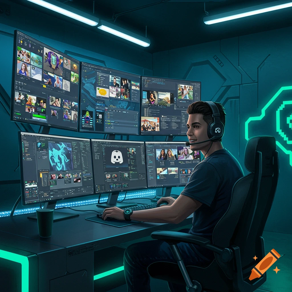 A person wearing a headset sits at a desk with six computer monitors displaying various content, in a neon-lit, futuristic room.