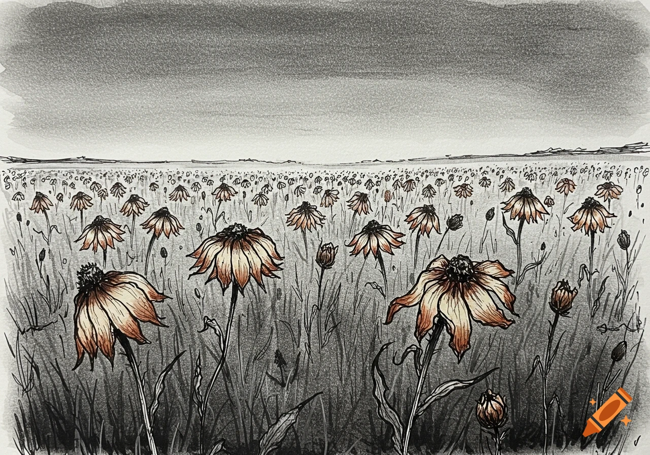 A hand-drawn sketch of a sad, dark field of wilted flowers under a gloomy sky.