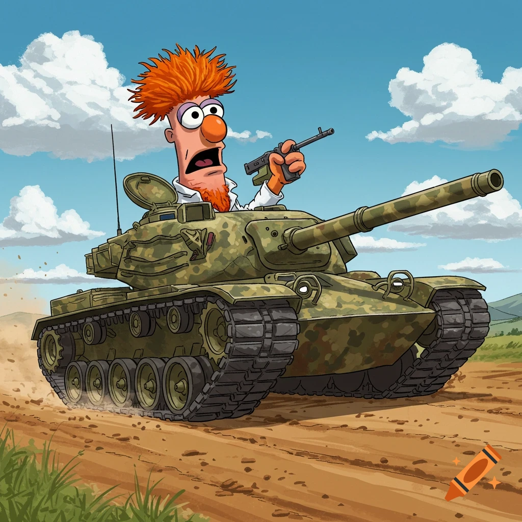 Cartoon Beaker from The Muppets driving a camouflaged M60A3 tank on a dirt road under a blue sky.