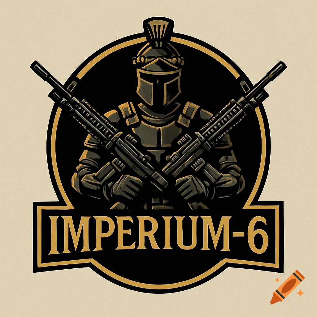 A black and gold logo of a stylized armored soldier in a Spartan helmet holding two rifles, with 'IMPERIUM-6' in a banner below.