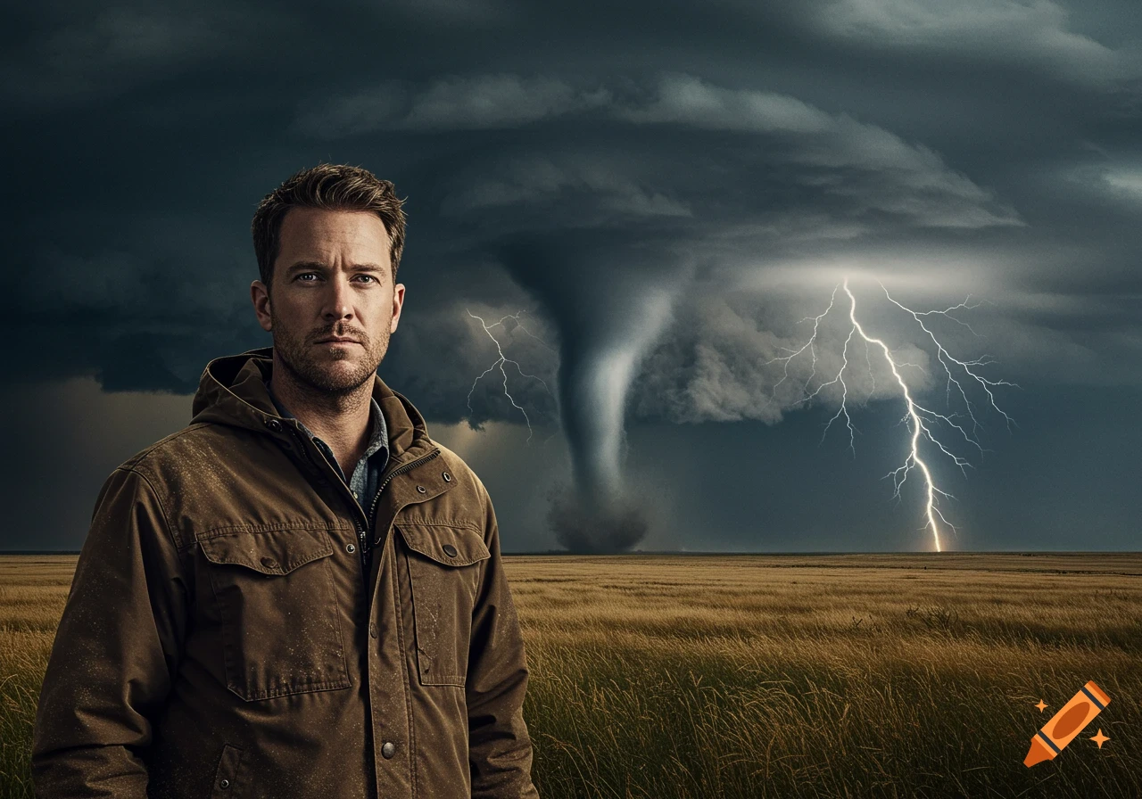 A man in a brown jacket stands in a grassy field with a large tornado and lightning in the stormy sky behind him.