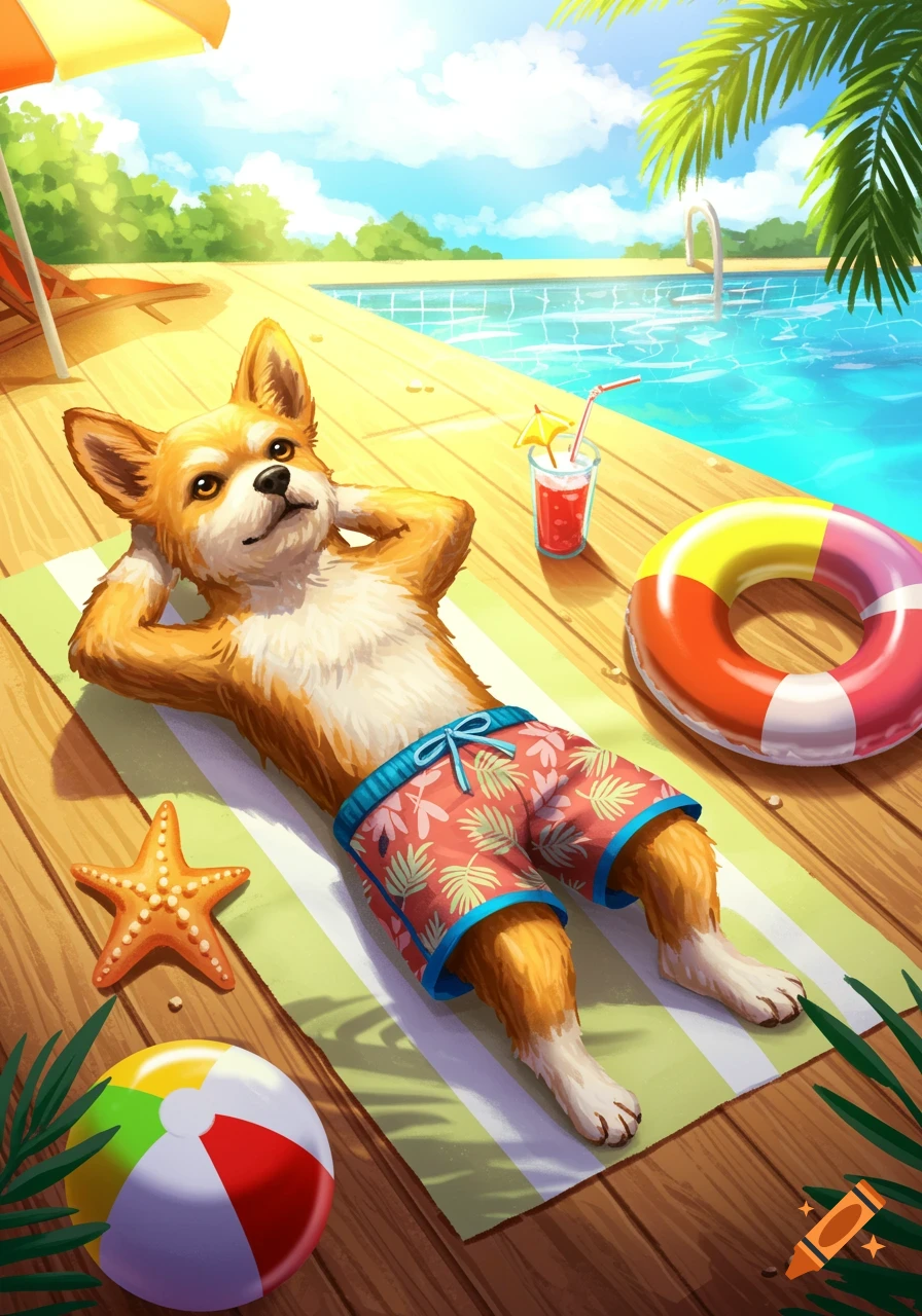 Cartoon corgi dog in swim shorts sunbathing on a striped towel next to a pool, with a drink, beach ball, and starfish.