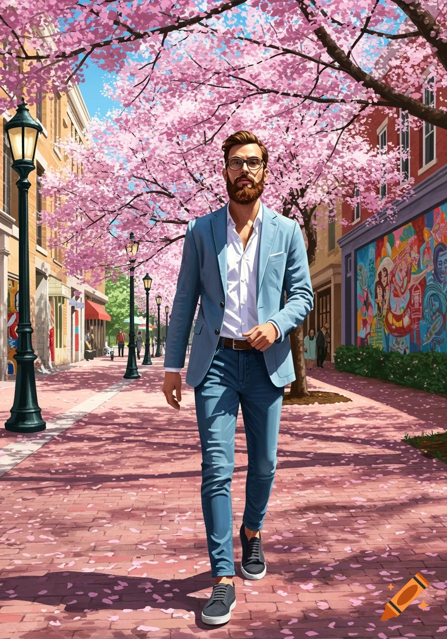 A stylish man with a beard and glasses walks on a brick sidewalk lined with cherry blossom trees and buildings with a colorful mural.