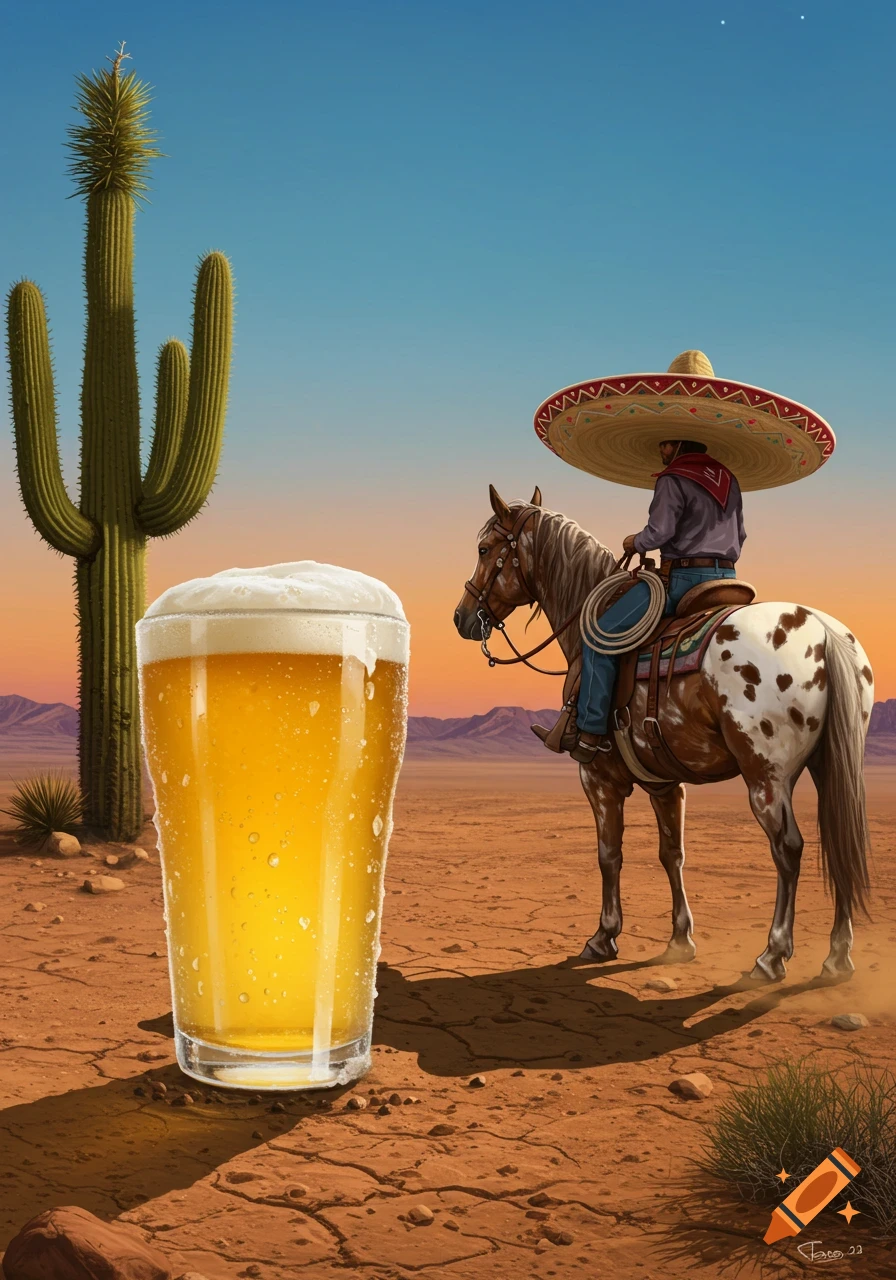 A large glass of beer sits on the New Mexico desert ground next to a tall cactus, with a cowboy on a horse looking at it from behind.