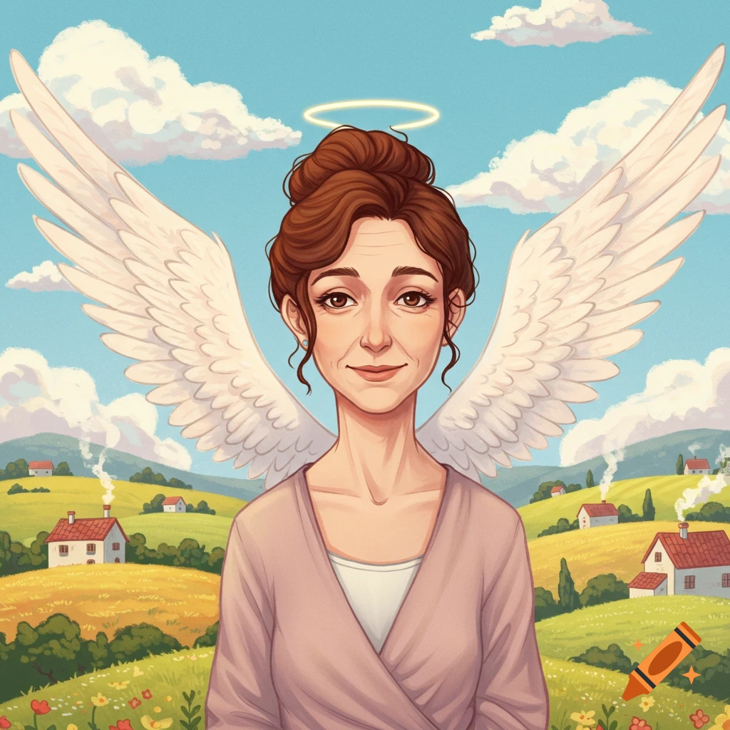Cartoon illustration of a smiling mature woman with brown hair updo and white angel wings, set in a sunny landscape with hills and houses.