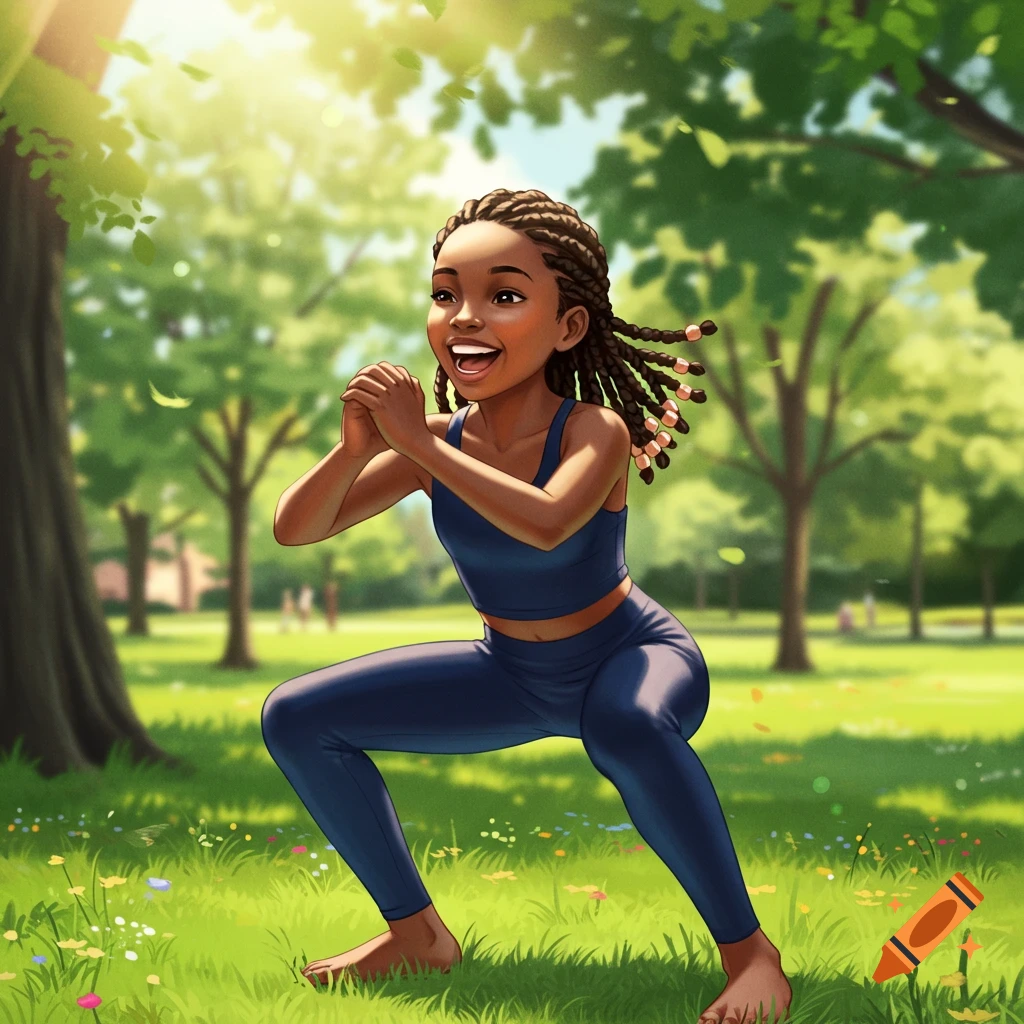 A happy black girl with braids doing a squat exercise in a sunny park.