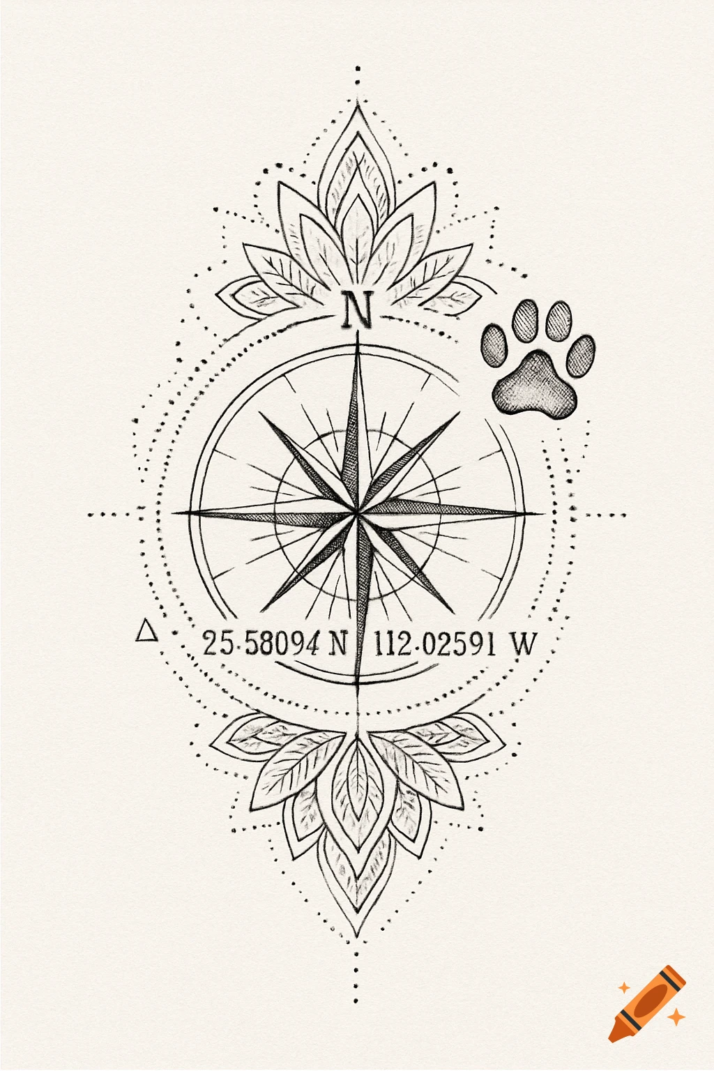 Black and white sketch tattoo design featuring a central compass with a paw print to its upper right, surrounded by decorative lotus-like patterns and dots.