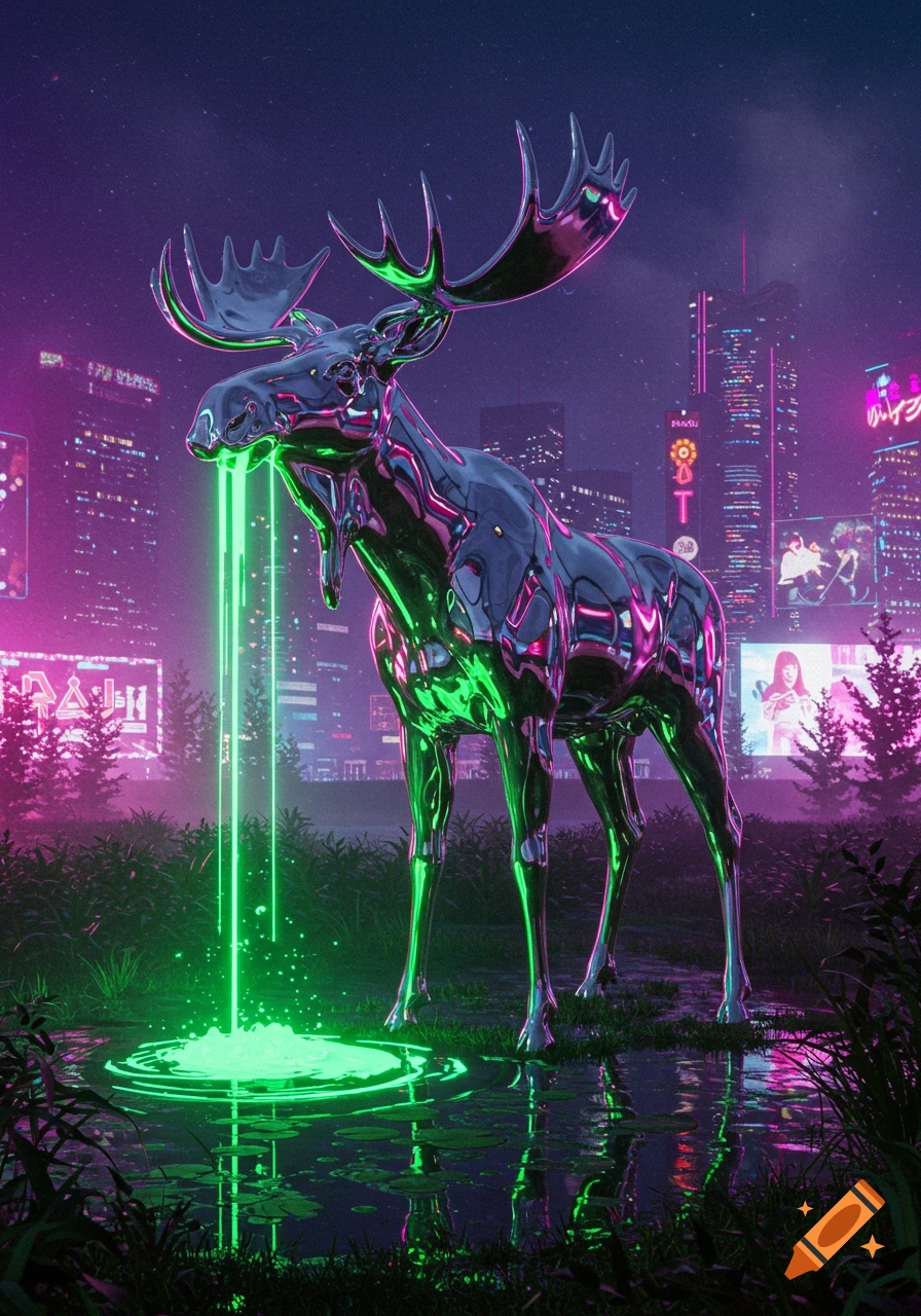 A metallic chrome moose with glowing green accents stands in a neon-lit cyberpunk swamp, drooling bright green slime into a glowing puddle, with a futuristic city skyline in the background.
