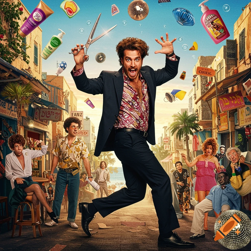 A man holding scissors leaps forward on a bustling street, surrounded by floating hair products and other people, like a movie poster.