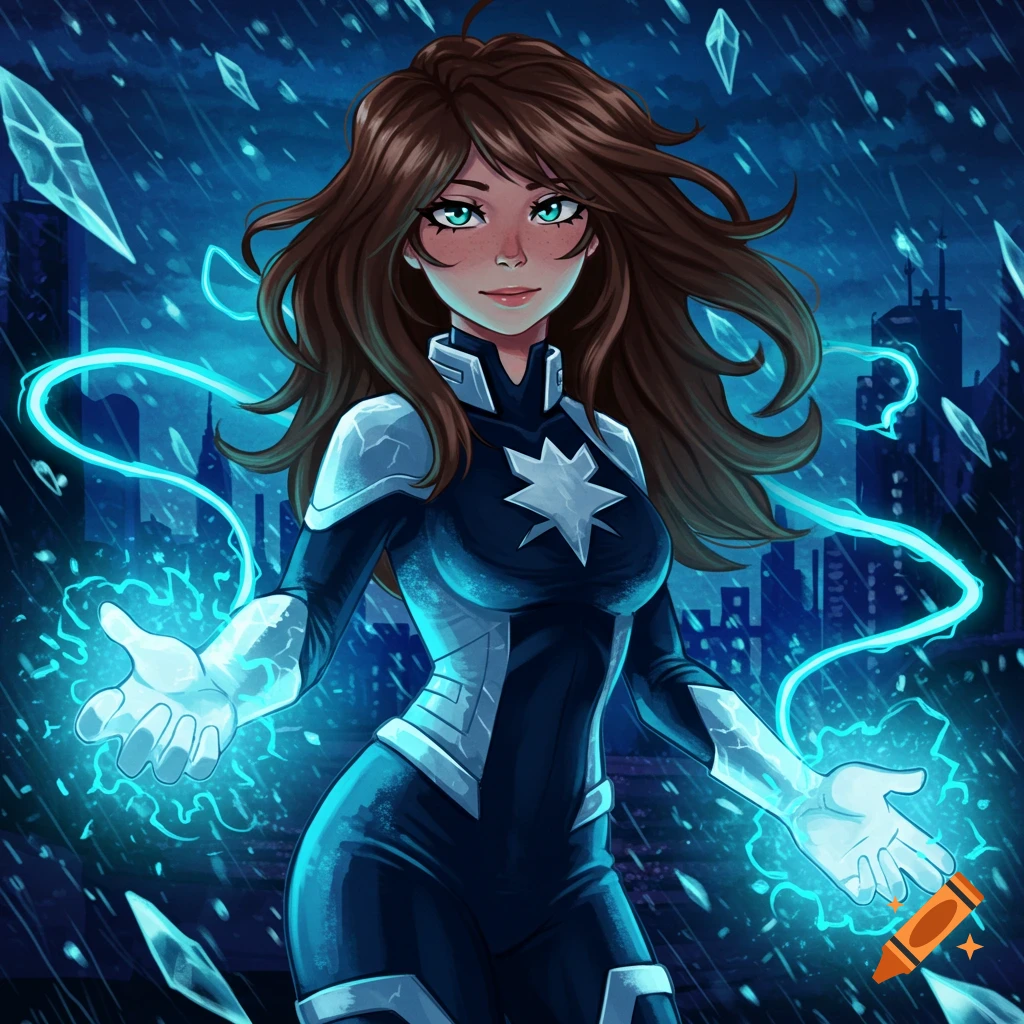 Anime-style superhero girl with brown hair and teal eyes radiating blue energy, surrounded by ice shards against a night city background.