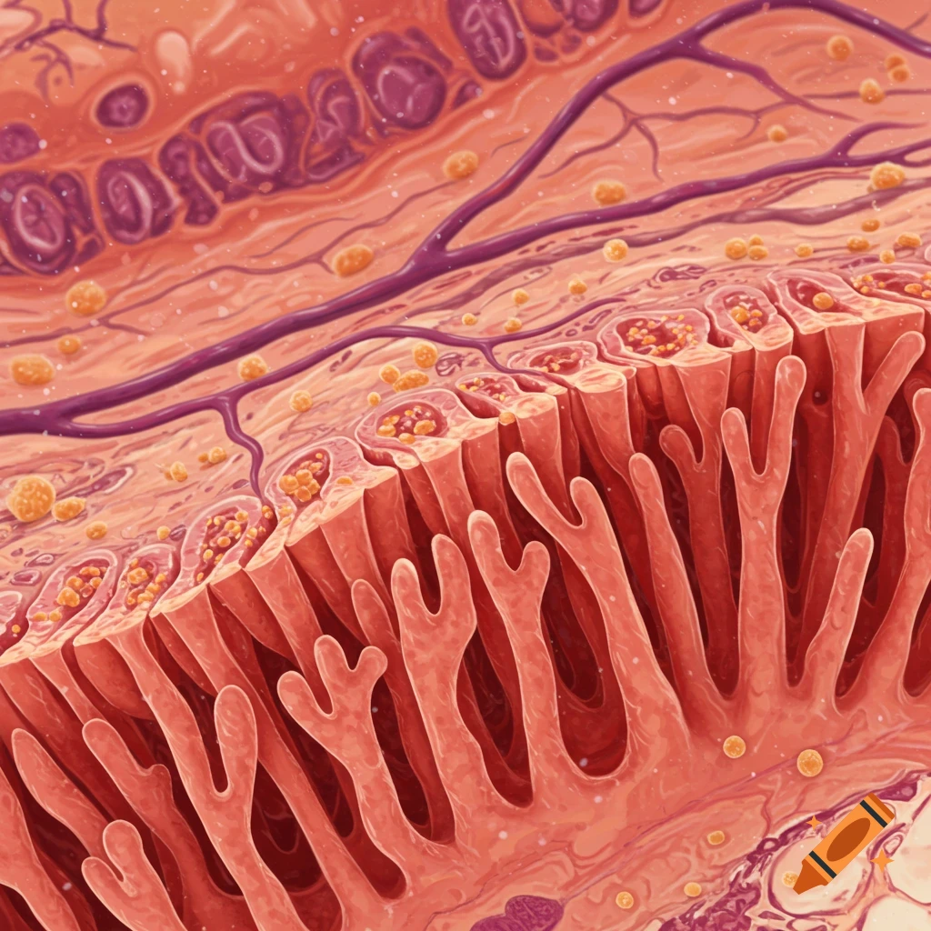 Close-up microscopic view of pink and orange human intestinal villi, showing finger-like projections and blood vessels.