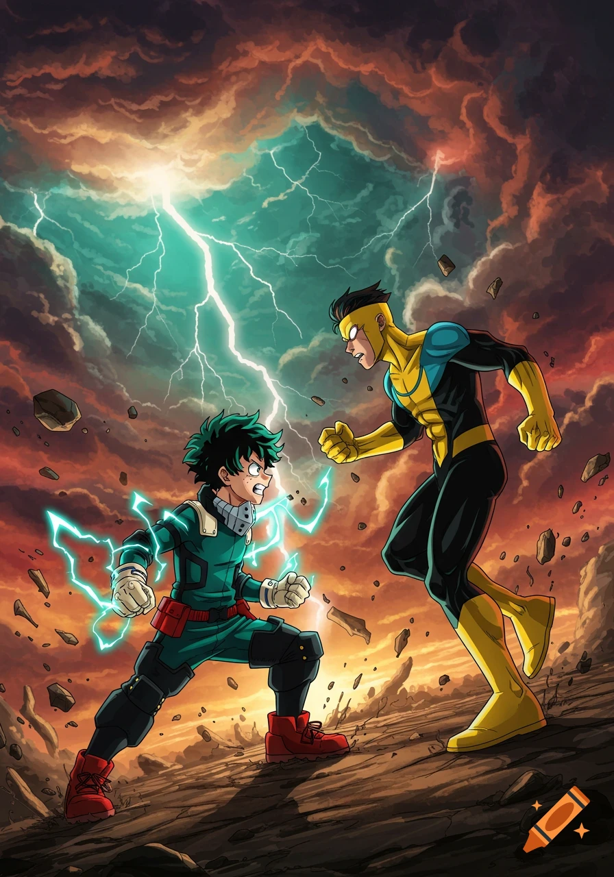 Deku and Invincible face off in a dramatic superhero battle under a stormy, lightning-filled sky.