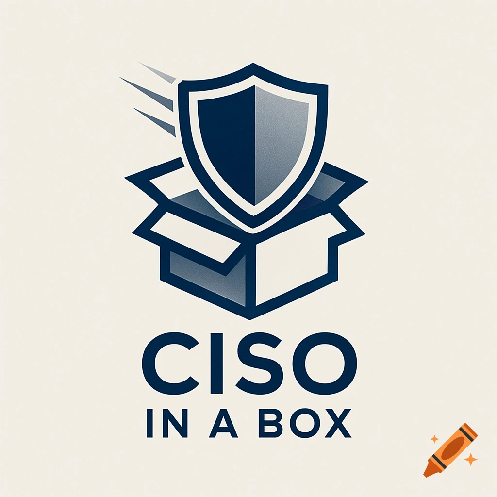 Logo for 'CISO in a Box' with a dark blue and grey shield emerging from an open cardboard box.