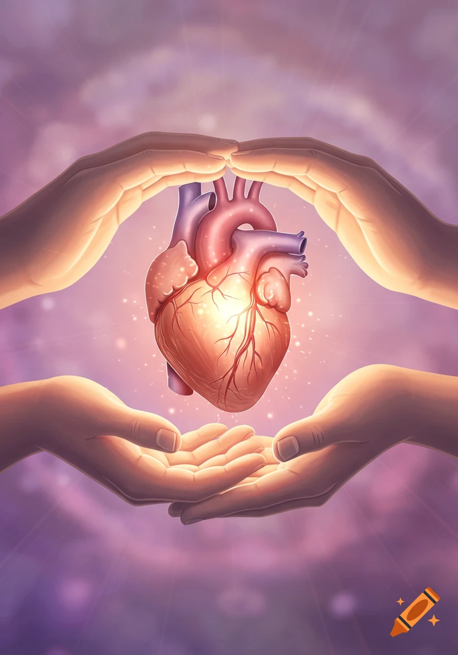Stylized illustration of two hands gently holding a glowing human heart against a purple, ethereal background.