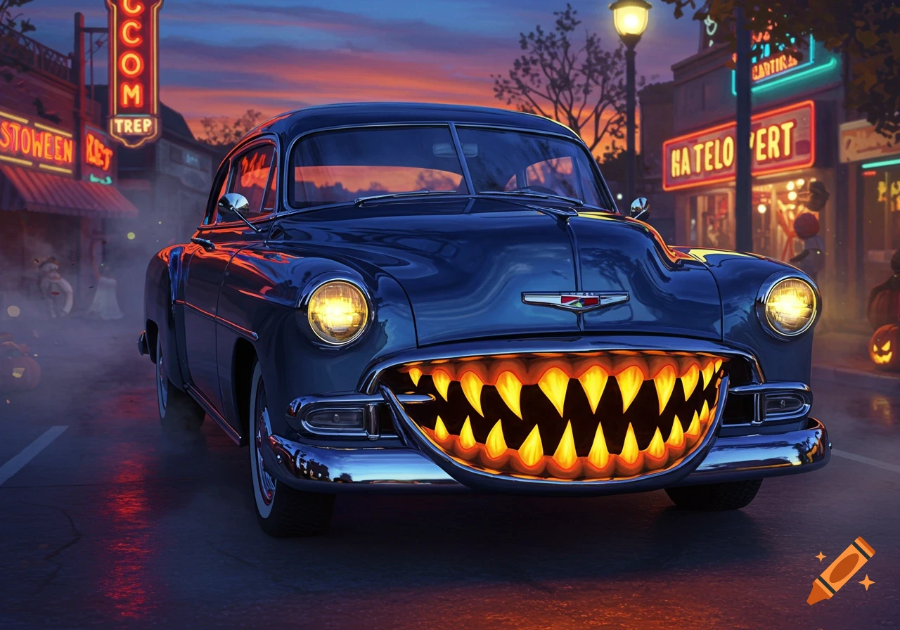 A photorealistic 1951 Chevy coupe with a glowing jack-o-lantern grill drives down a Halloween-decorated street at dusk.