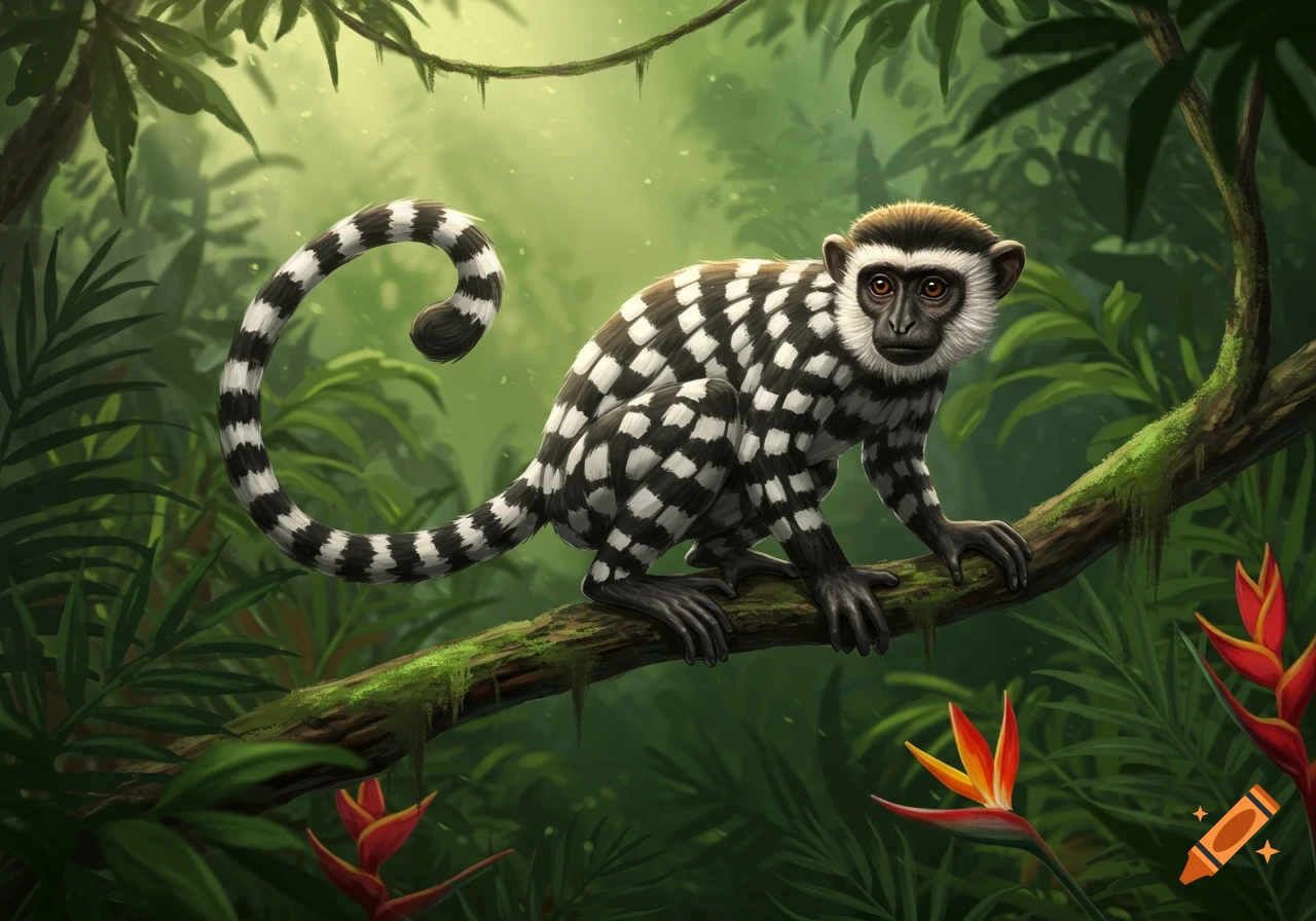 A monkey with black and white checkered fur and a striped tail sits on a branch in a vibrant green jungle with red flowers.