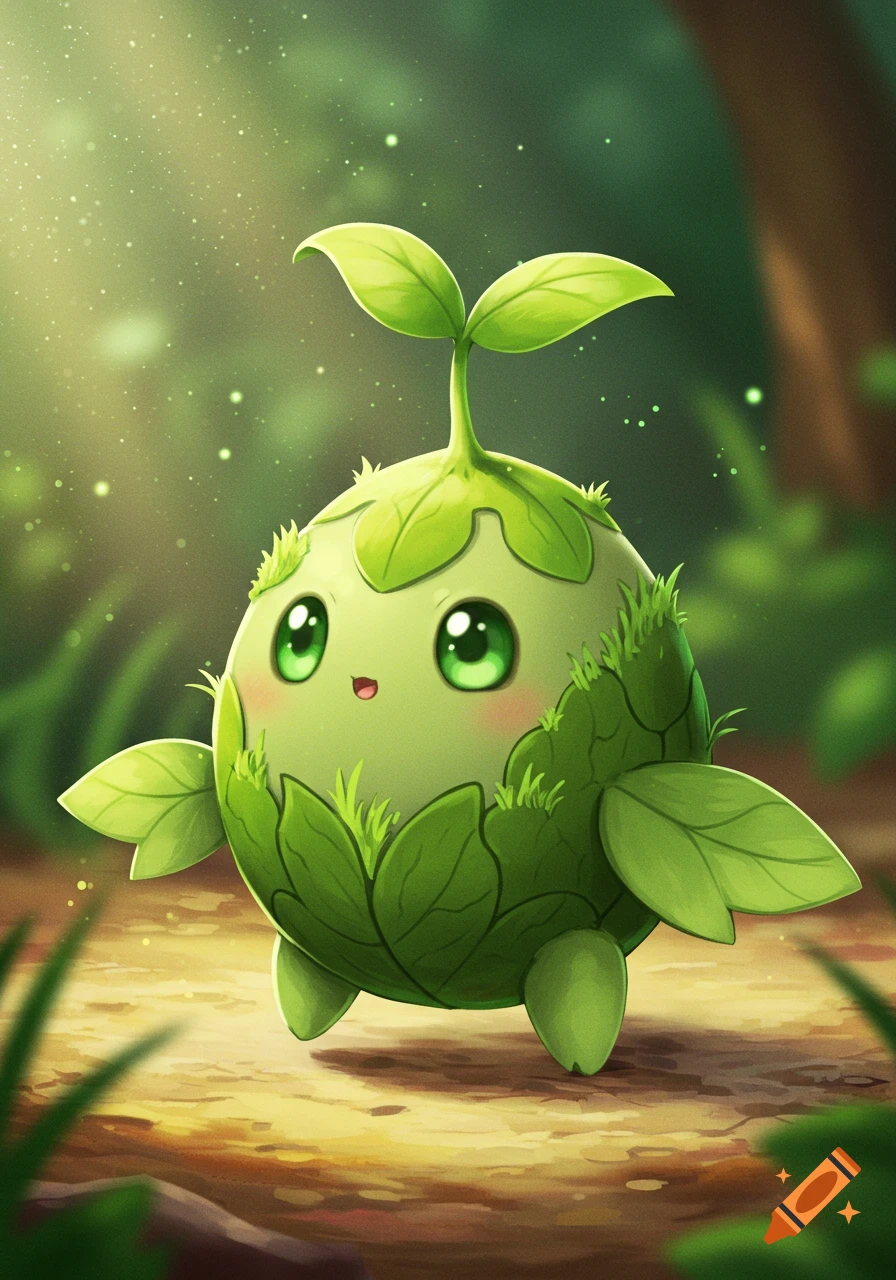 A cute, round green plant creature with big bright eyes and leafy features stands in a sunlit forest.