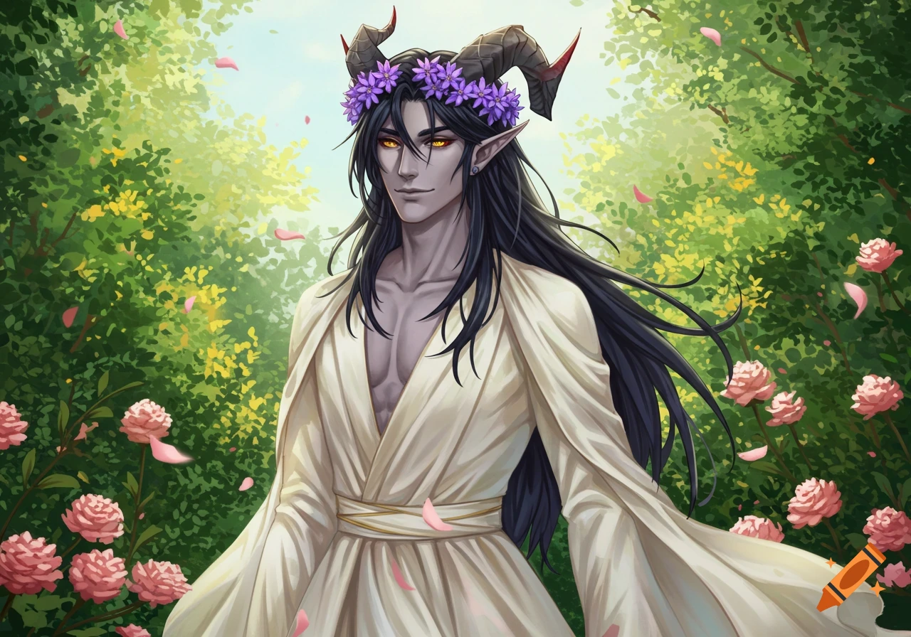 A male tiefling with black hair, light gray skin, and yellow eyes wearing a purple flower crown and white gown in a green forest with pink flowers, anime style.