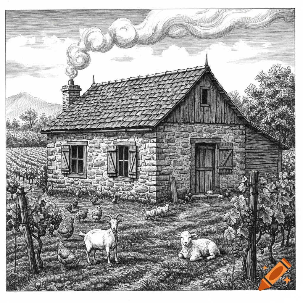 Black and white sketch of a stone farm house with smoke from chimney, surrounded by vineyard, goats, sheep, and chickens.