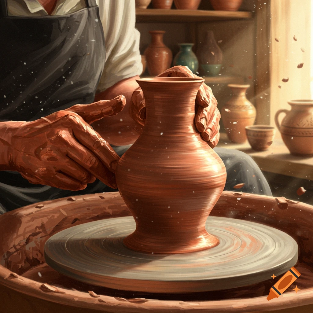 Hands shape a clay pot on a spinning pottery wheel in a workshop, surrounded by finished pottery.