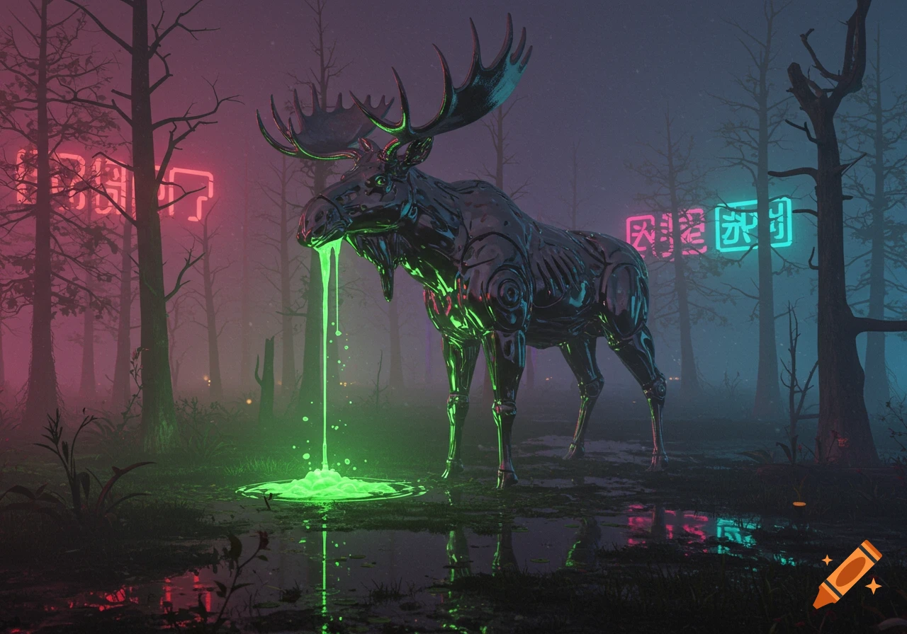 A metallic moose with large antlers stands in a neon-lit, misty swamp, drooling bright green slime onto the ground.