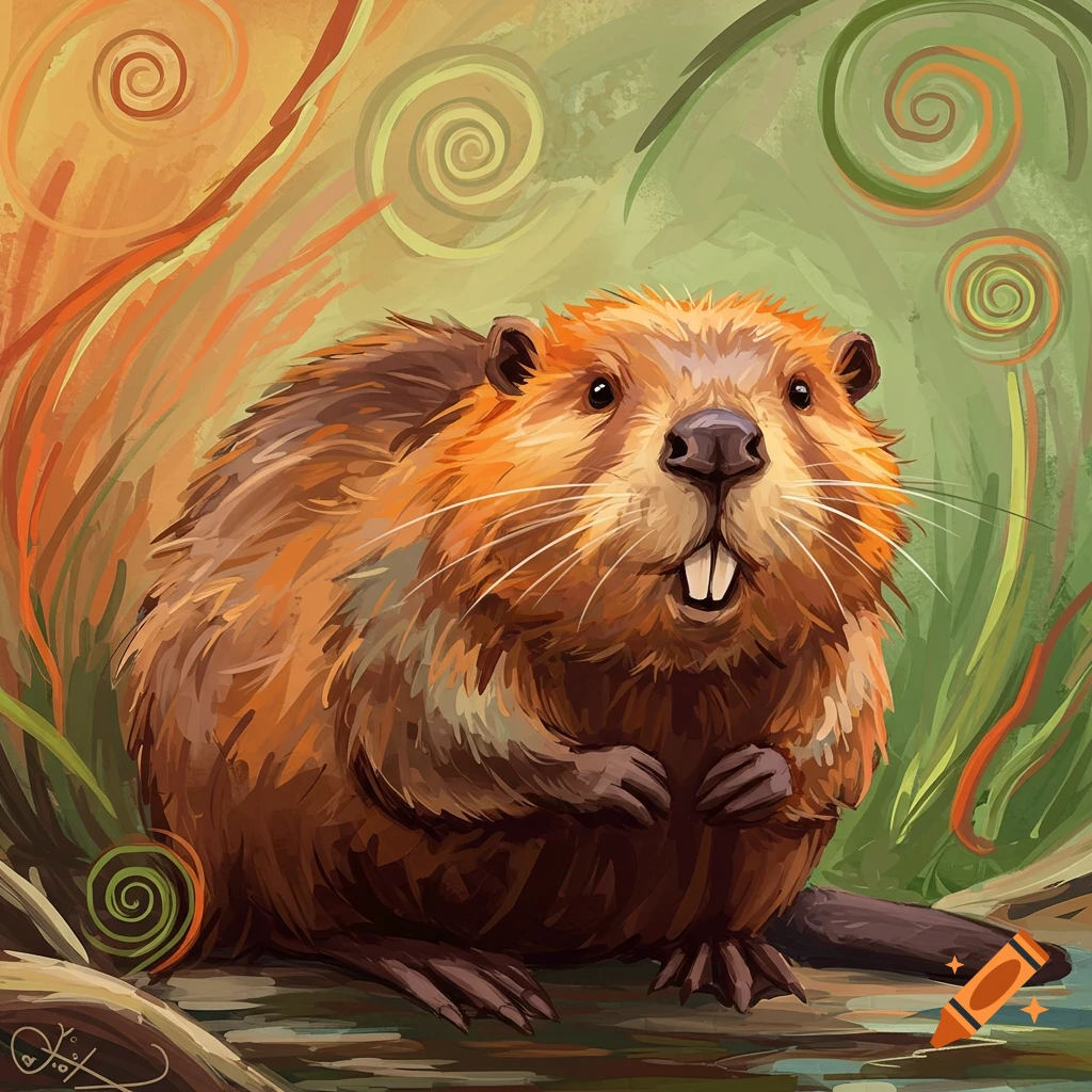 An artsy, paintbrushed illustration of a brown beaver with large front teeth, surrounded by green and orange swirls.