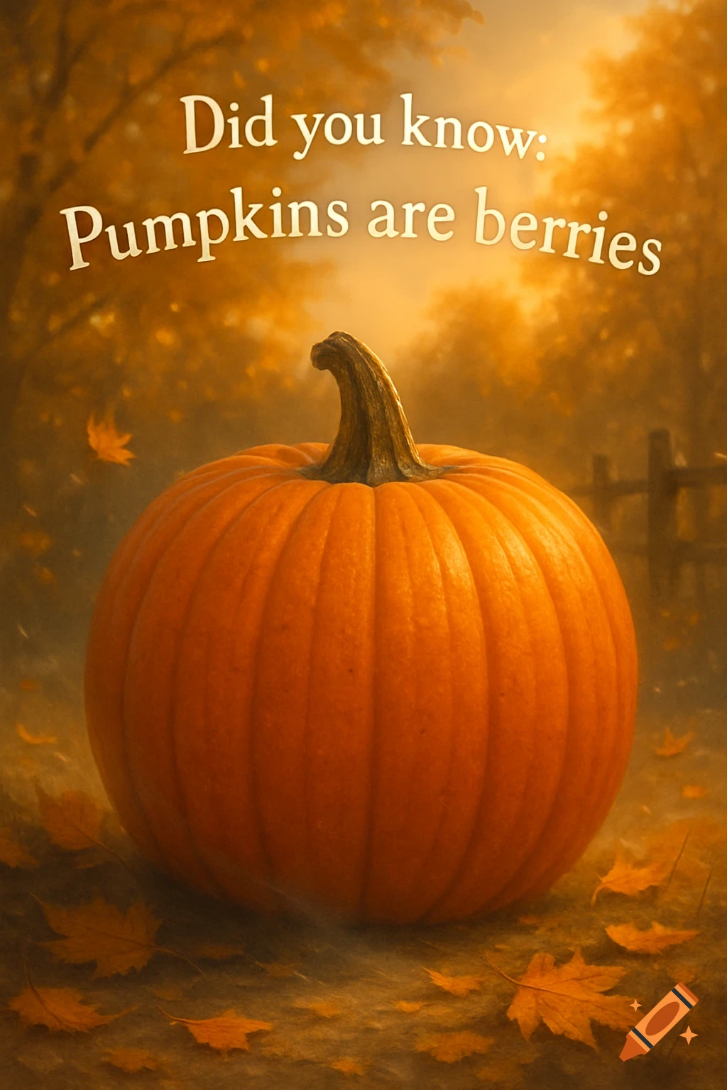 A large orange pumpkin sits among fallen leaves in an autumn forest with the text 'Did you know: Pumpkins are berries'.