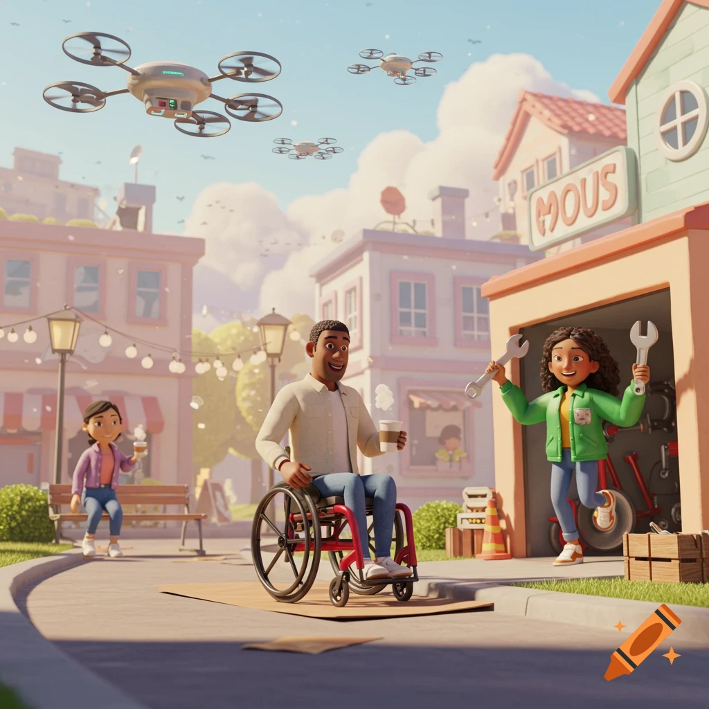 A whimsical 3D Pixar-style scene of a man in a wheelchair and a woman with wrenches in a pastel town with drones.