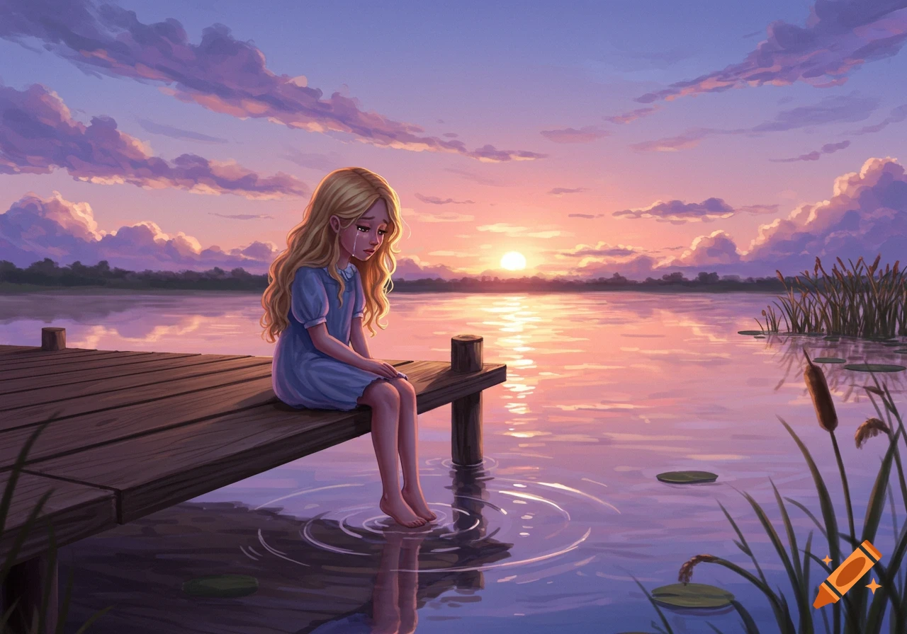 An illustrated blonde girl in a blue dress sits crying on a wooden dock at sunset, her feet dipping into a serene lake.