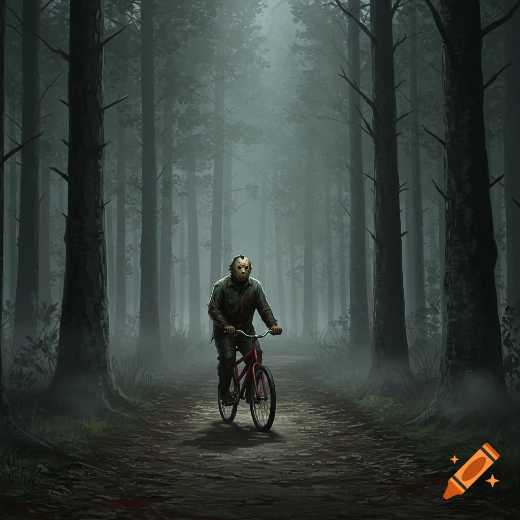 Jason Voorhees, wearing his hockey mask and blood-stained clothes, rides a red bicycle down a misty, dark forest path.