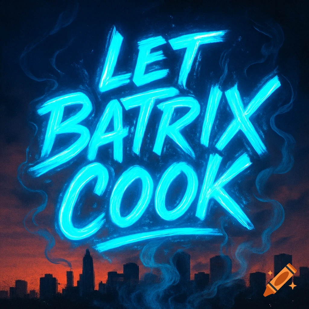 Bright blue glowing text 'LET BATRIX COOK' over a silhouetted city skyline against an orange and dark blue sky.