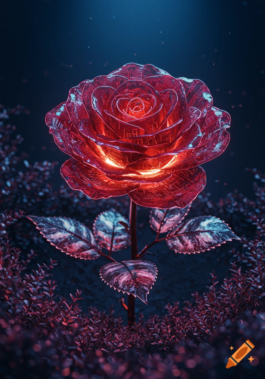 A glowing red cybernetic rose with intricate circuitry patterns on its petals, set against a dark, mystical background.