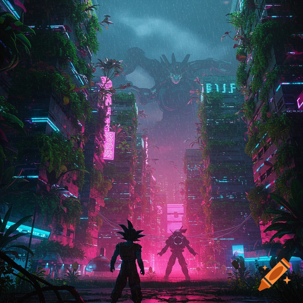 Goku and a robot stand in a rain-soaked cyberpunk city with overgrown buildings and a giant creature in the stormy sky, in an anime style.
