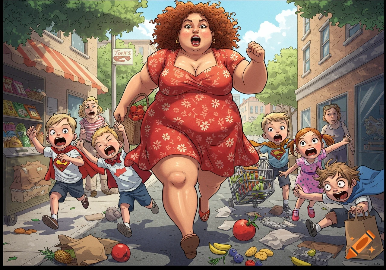 A plump, curly-haired woman in a red floral dress runs frantically down a street with wide-eyed children and scattered groceries in a vibrant comic style.