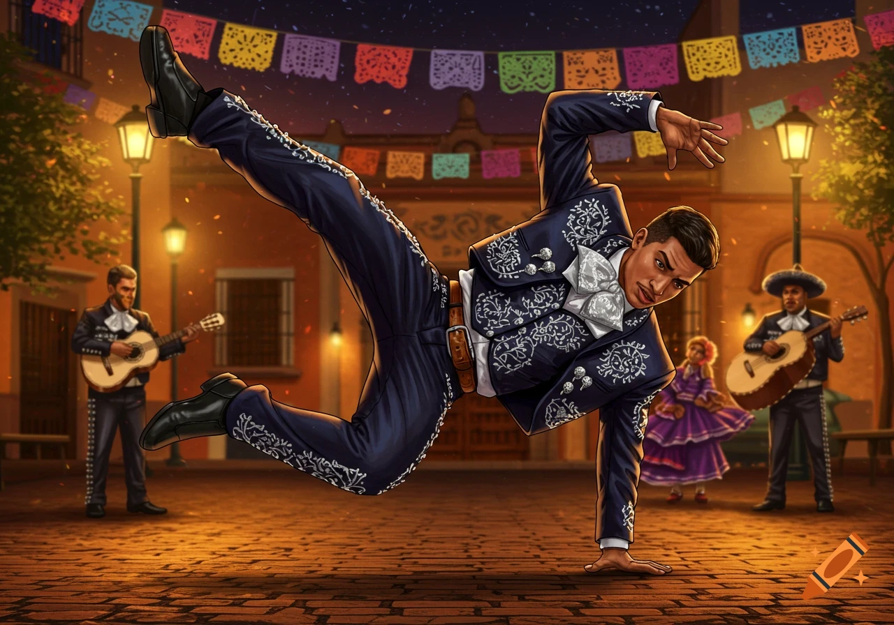 A man in a mariachi suit does a b-boy dance move on a cobblestone street at night, with musicians and colorful banners.