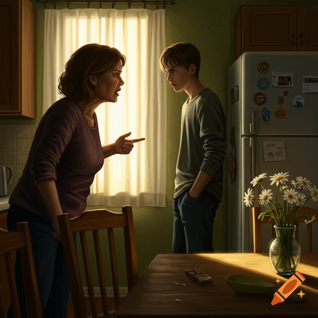 A mother points and yells at her son in a sunlit kitchen, who stands looking downcast.