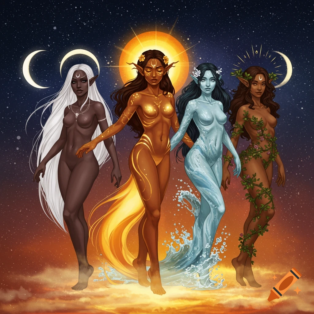 Four elemental goddesses representing moon, sun, water, and earth, standing against a celestial background.