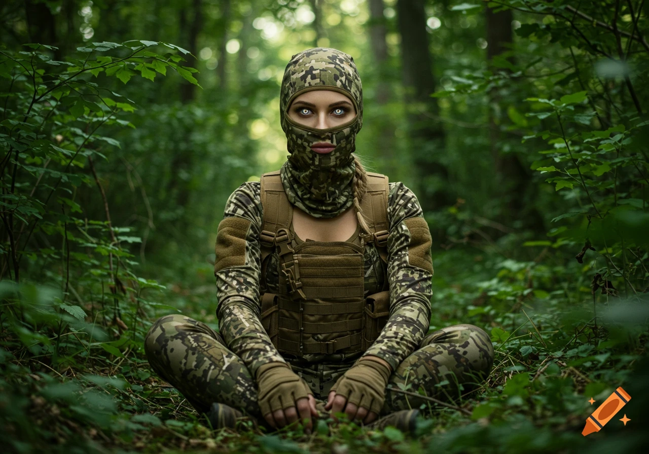 A woman in camouflage fatigues and a balaclava sits cross-legged in a dense forest, looking forward with bright white eyes.