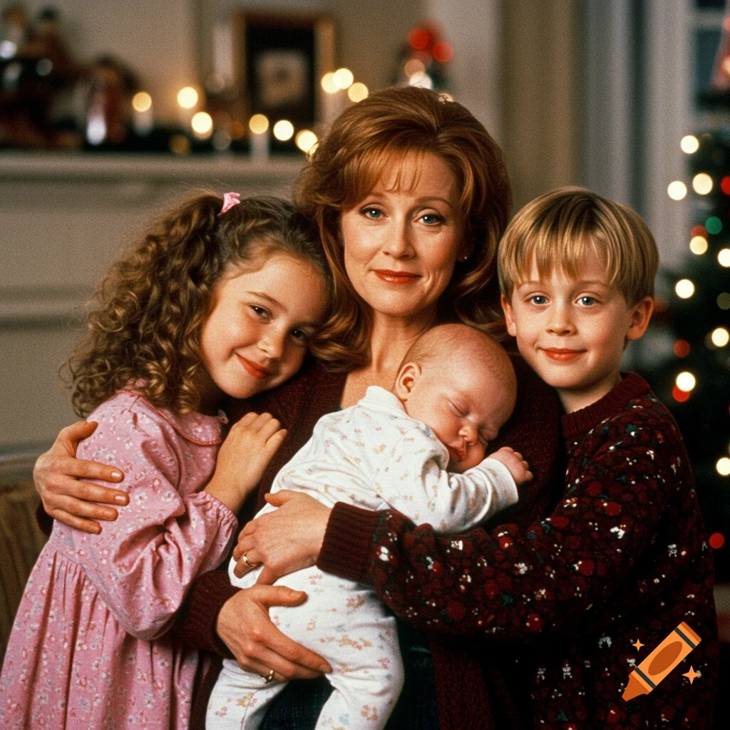 A red-haired woman holds a baby, flanked by a young girl and a smiling Macaulay Culkin, with a Christmas tree in the background. Photorealistic.