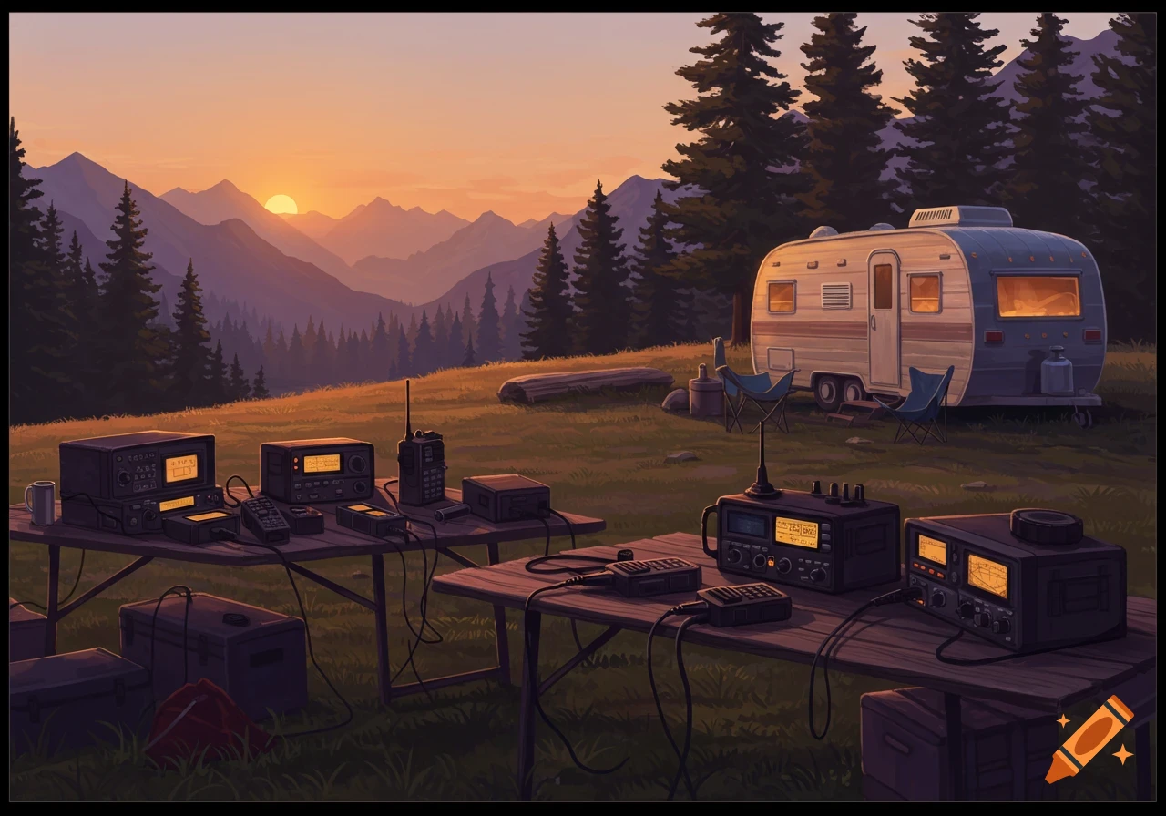 Digital illustration of a ham radio festival in the mountains at sunset, featuring radio equipment on tables, a travel trailer, and pine trees.