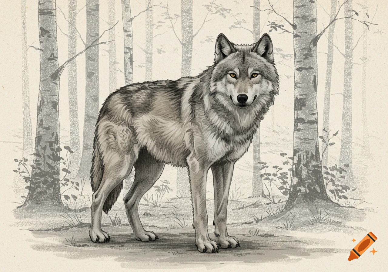 A detailed sketch of a grey wolf with yellow eyes standing in a forest of tall, sparse trees.