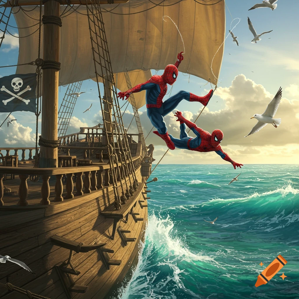 Two Spider-Men leap from a pirate ship into the wavy blue ocean, with seagulls flying under a bright sky.