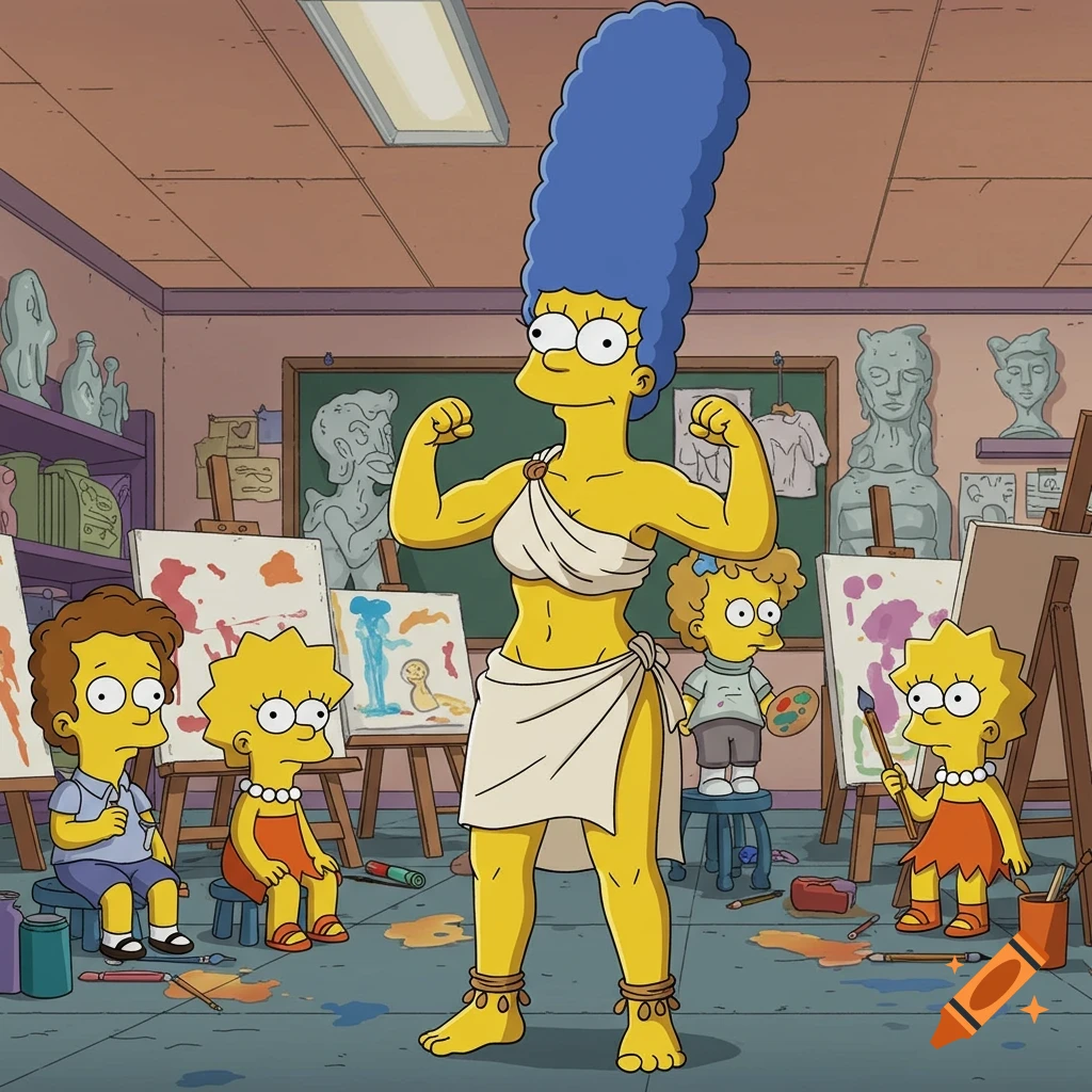 Marge Simpson, dressed in a toga bikini, flexes her muscles in a cartoon art class as children paint.